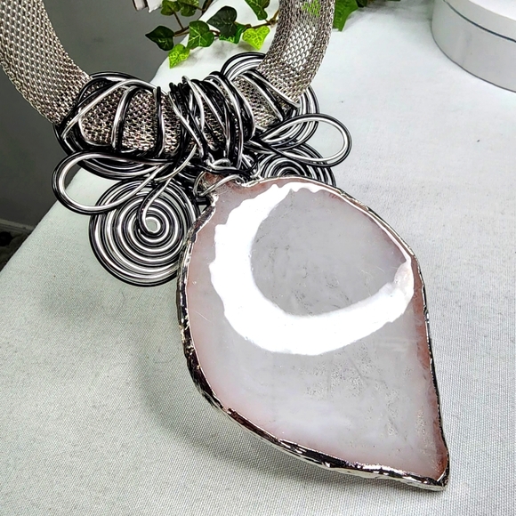 Large Silver Statement Wire Art and Druzy Stone Necklace with Earrings Set - Picture 7 of 12